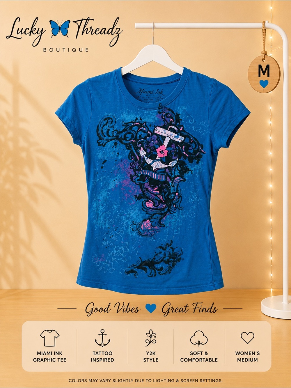 Y2K Miami Ink Anchor Graphic Baby Tee Blue Tattoo Shirt Women’s Medium
